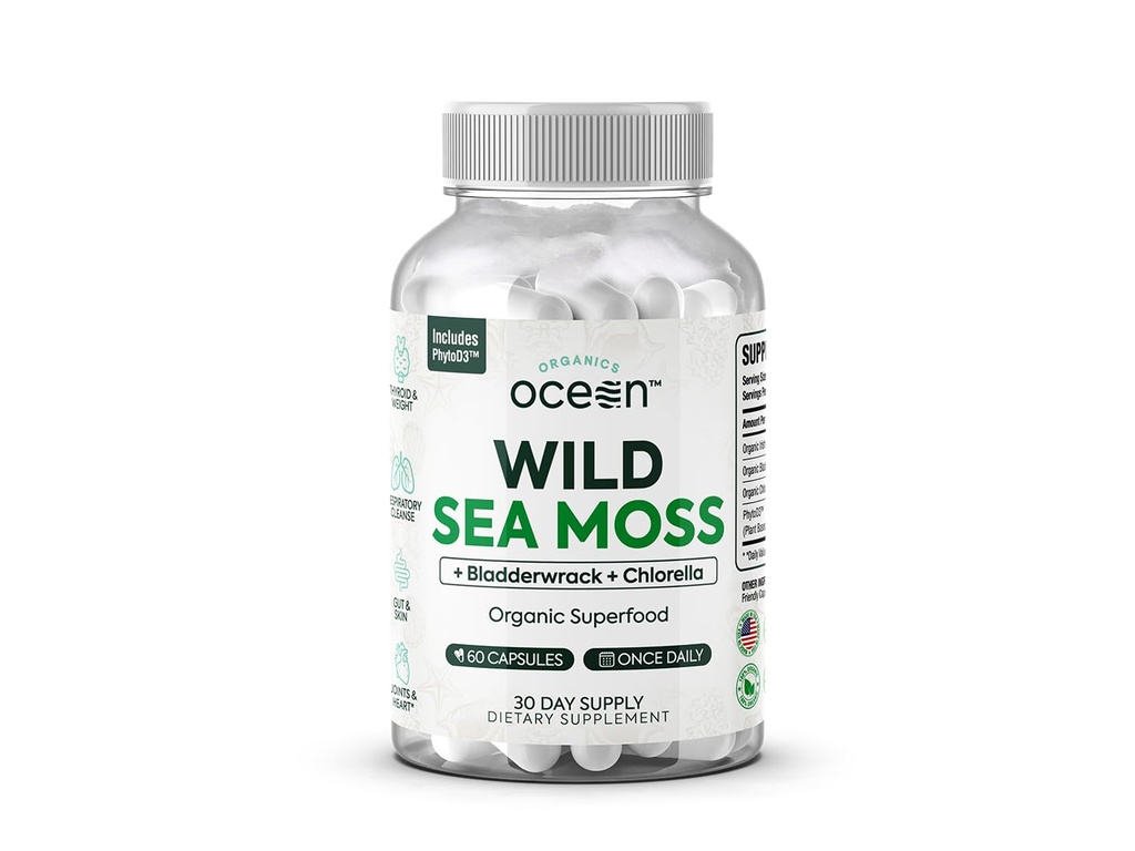 Organics Ocean Wild Sea Moss with Bladderwrack & Chlorella, 60 Capsules