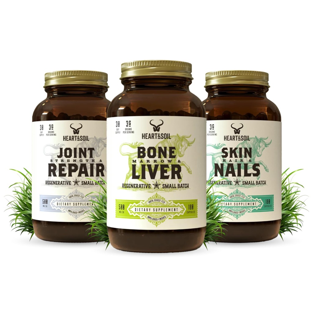HEART & SOIL Joint & Mobility Stack – 3 Articoli: Bone Marrow & Liver, Joint Strength & Repair, Skin, Hair & Nails for Full-Body Wellness, Collagen Support, Flessibilità e Recupero