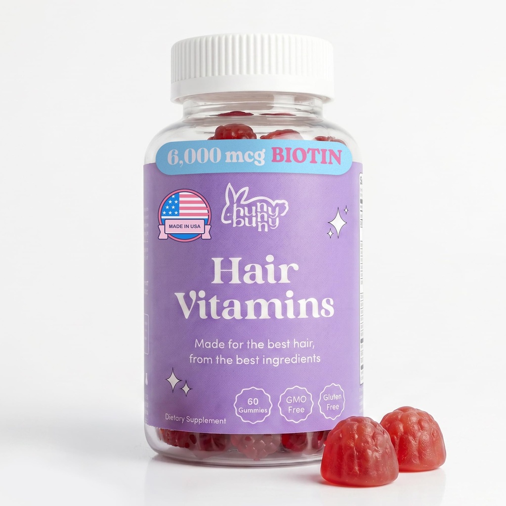 Gommies de biotine pour les cheveux de lapin Hunny - Supplément de biotine avec vitamine A, C, D, E, B6 – Croissance des cheveux, peau, vitamines des ongles - Non OGM, sans gluten – 60 Gommies