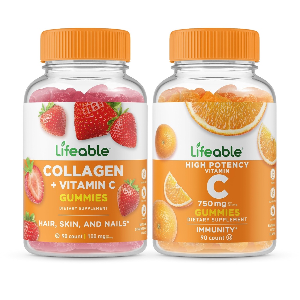 Lebensfähiges Kollagen & Vitamin C + Vitamin C 750mg, Gummies Bundle - Große Verkostung, Vitamin-Ergänzung, Glutenfrei, GVOfrei, Kaugummi