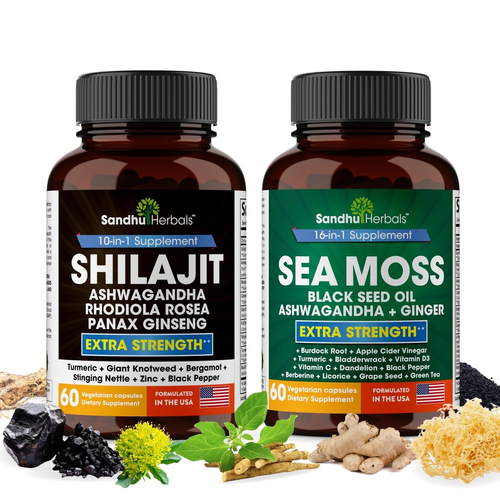 Shilajit Sea Moss Ashwagandha Combo Bundle - Black Seed Oil, Turmeric, Rhodiola Rosea, Panax, Ginseng Supplemento | 120 capsule, Meglio di Gummies, Resina | Seamoss per uomini e donne
