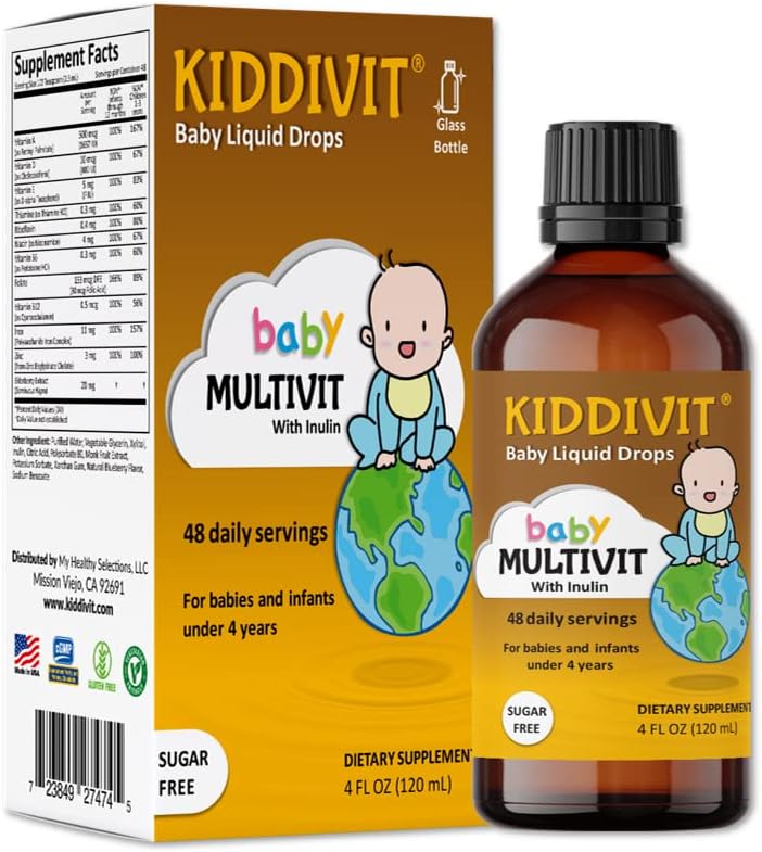 Kiddivit Baby Multivitamin Gocce liquide con Inulin - 48 Serve giornaliere, 4 Fl Oz (120mL) - Bottiglia di vetro - Sugar Free, Gluten Free, Per vegetariani