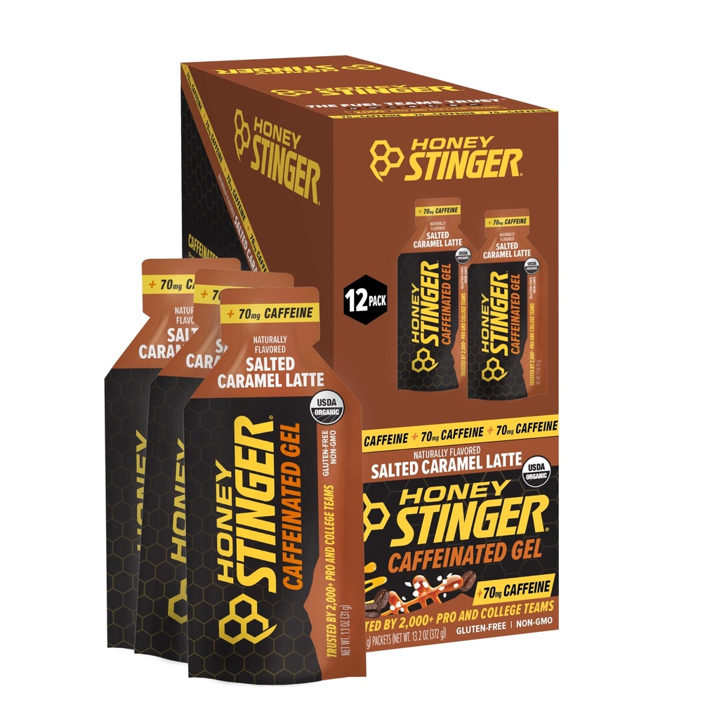 Honey Stinger Organic Salted Caramel Energy Gel, Koffeiniert & Glutenfrei, für Übung, Laufen und Performance, Sporternährung für Home & Gym, Pre and Mid Workout, 12 Pack, 13.2 Unze