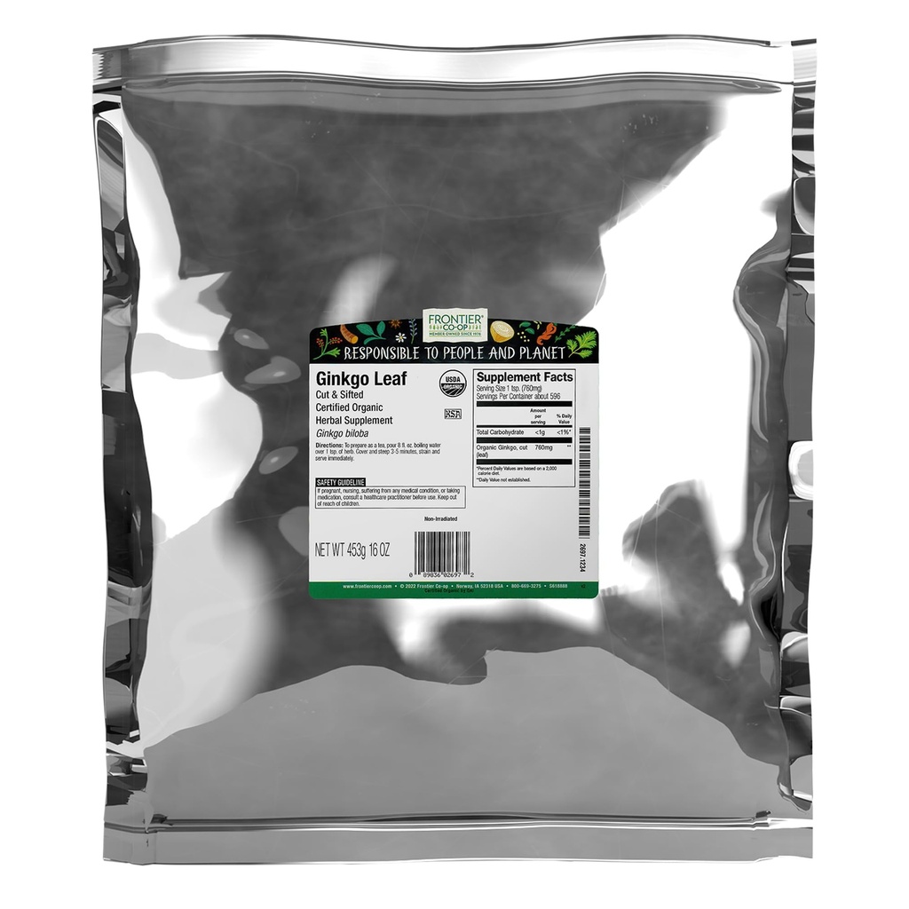 Frontier Co-op Organic Ginkgo Leaf, 1lb Bulk Bag, Cut and Sifted | Dried Ginkgo Biloba Leaf | Ideal für Tee und Kräuter, Kosher