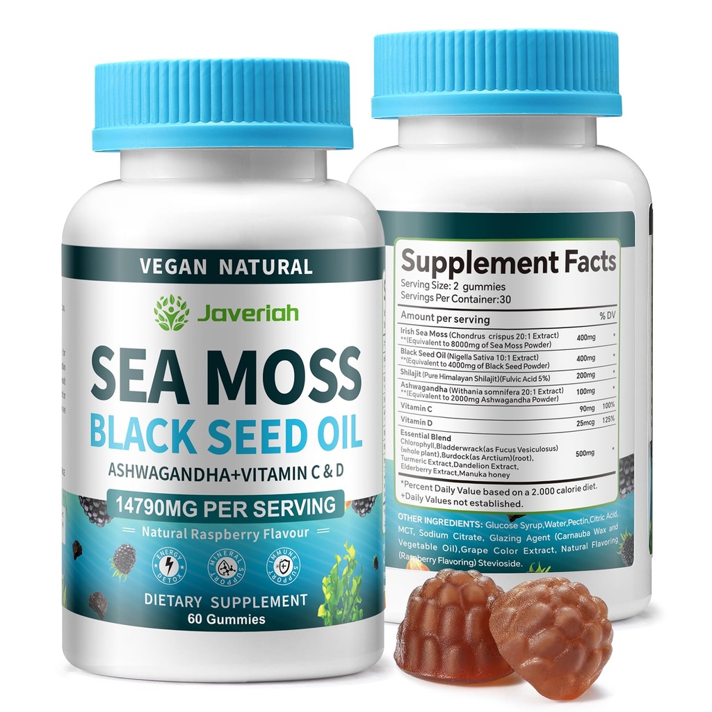 Vegan Ashwagandha Sea Moss Gummis - Schwarzes Seed Öl, Vitamin C&D für Immununterstützung, Verdauungs-, Antioxidans 13 in 1 Bundle, Sea Moss Chlorophyll Advanced Strength Formula 2Pack 120 Gummis