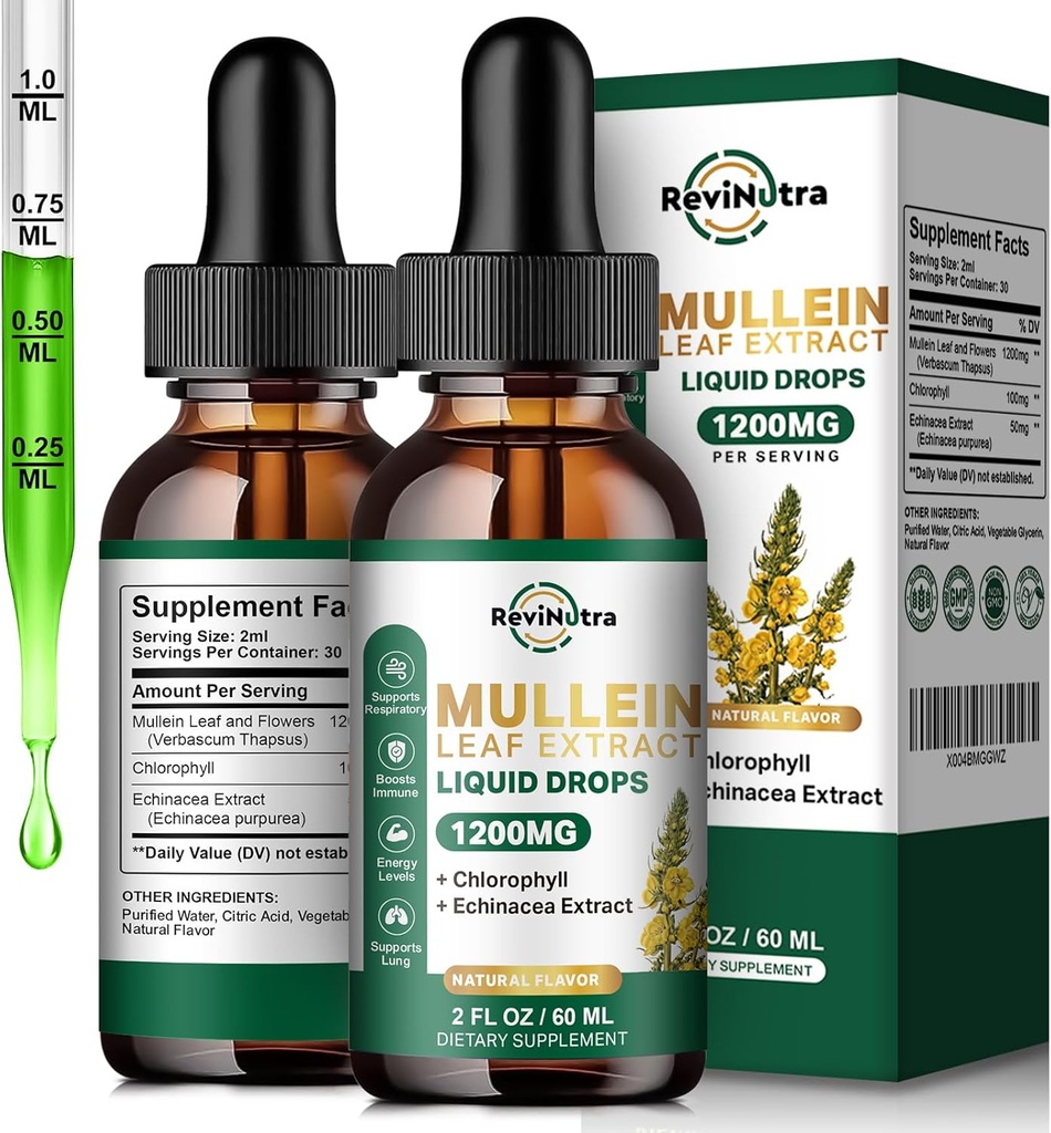 Gocce di Mullein 2 Pack per polmoni, 1200 mg Foglia di molluschi Gocce di liquido con clorofilla per la pulizia polmonare & Detox, supporto per il sistema respiratorio, immunitario, digestivo