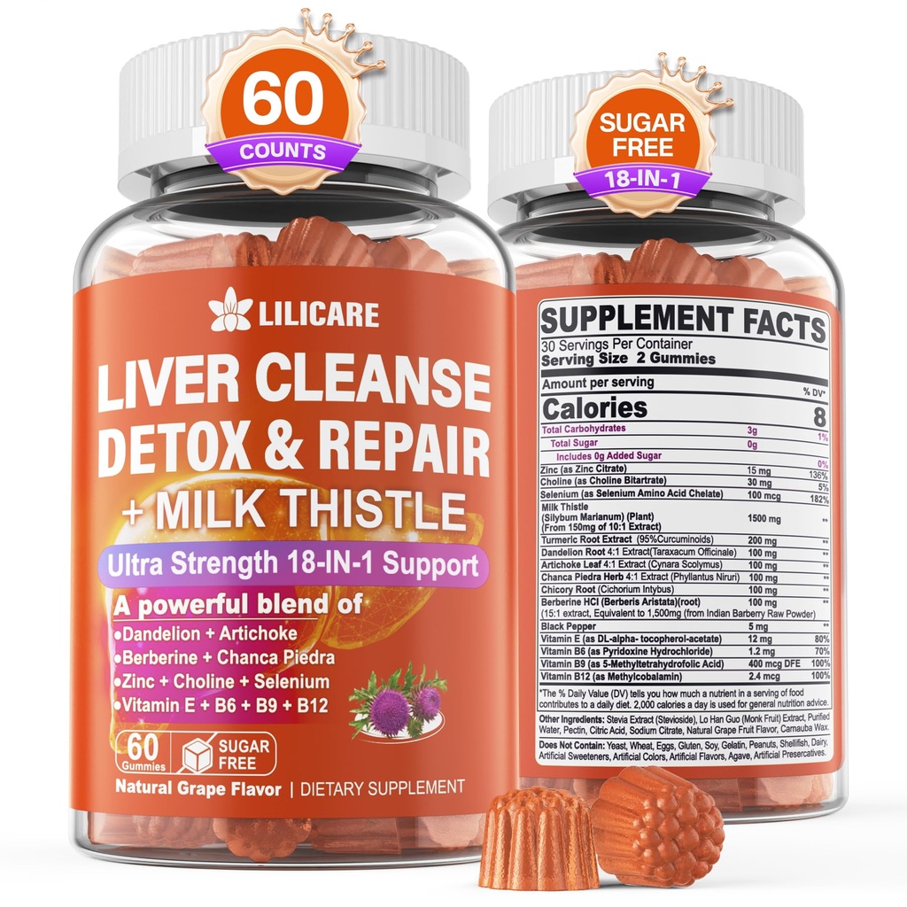 1Pack Milk Thistle Liver Detox Gummies, 18-in-1 Liver Cleanse Detox & Repair Supplement mit Berberine, Chicory Root, Turmeric, Artichoke, Dandelion Root, Chanca Piedra, Vitamine B6 B12 - Sugar Free