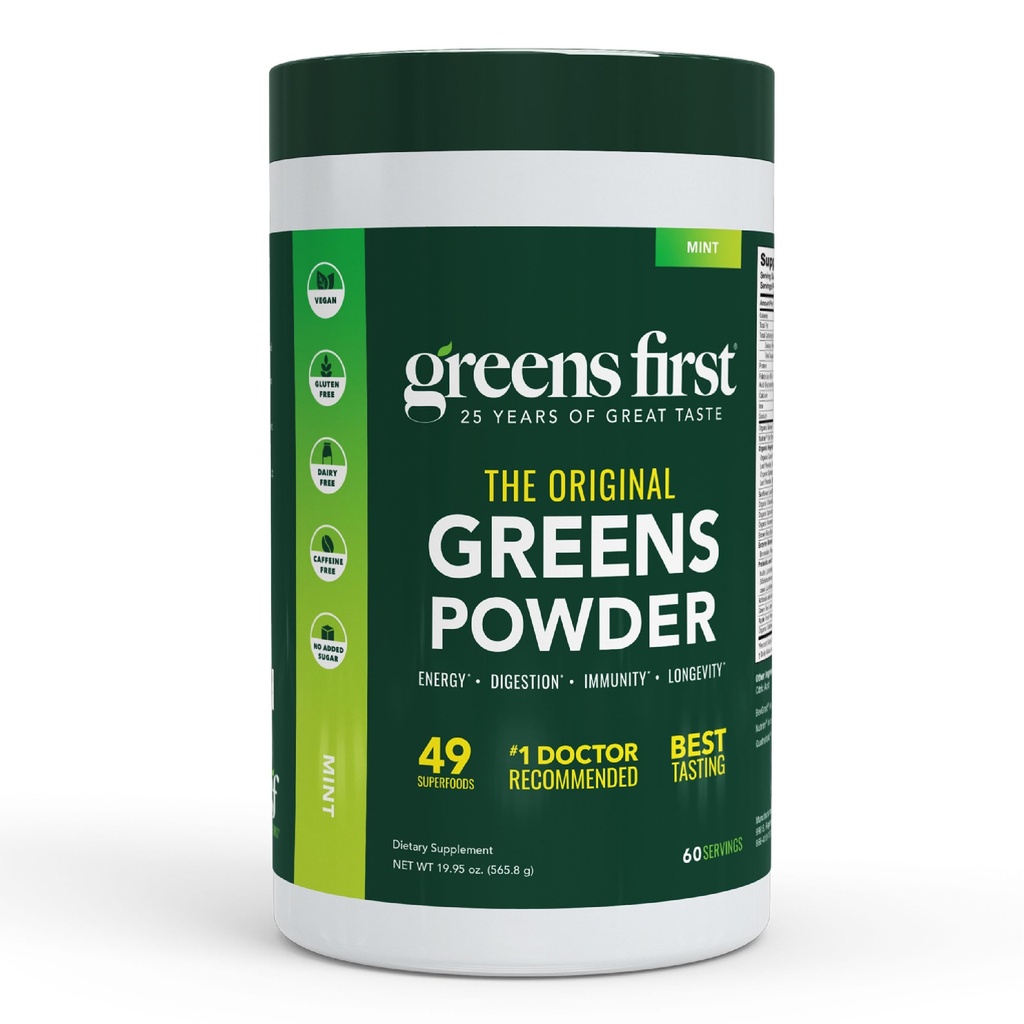 Greens First Original Greens Powder - 49 Superfoods - Bio Fruits & Veggies - Präbiotika, Probiotika & Verdauungsenzyme - Antioxidant Smoothie - Dairy Free, Vegan & Non-GMO (Mint, 60 Portionen)
