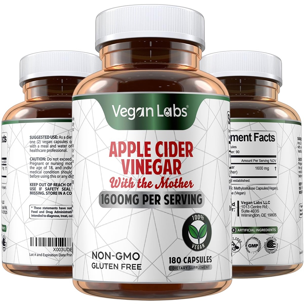 Vegan Labs Apple Cider Vinegar Capsules with The Mother- 180 Vegan Capsules, 1600MG Per Serving- 100% Natural ACV Pills- Supports Healthy Digestion, Keto, Weight Management, Detox, and Immune System