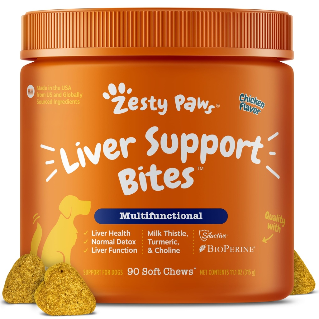 Zesty Paws Liver Support Supplemento per cani - con Estratto di cardo di latte, curcumina curcuma, Choline - Soft Chew Formula - per la funzione del fegato del cane