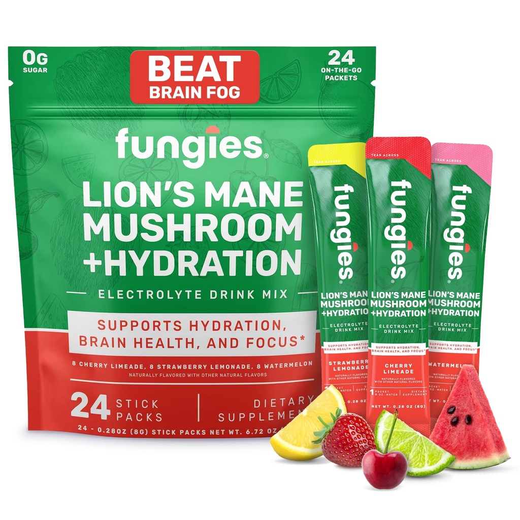 Fungie Electrolyte Drink Mix con Lion's Mane Mushroom & Essential Electrolytes, 24 Variety Pack - Polvere di supplemento di idratazione senza zucchero per gli adulti per la salute del cervello & Focus - Integratore di funghi
