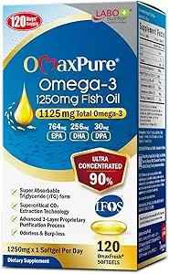 LABO Nutrition OmaxPure Omega3 Fish Oil - 1125mg Omega 3 IFOS Certificato - Alta potenza rTG Omega Fish Oil Supplement con DHA & EPA - 120 Softgels