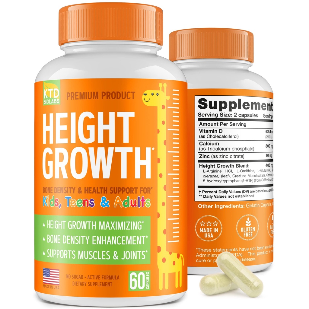 Kids Height Growth Support Kapseln - Tägliche Entwicklungsformel mit Kalzium, Vitamin D3 & Zink - Knochen & Ernährung Unterstützung für Kinder & Jugendliche - Amino Blend - 60 Kapseln