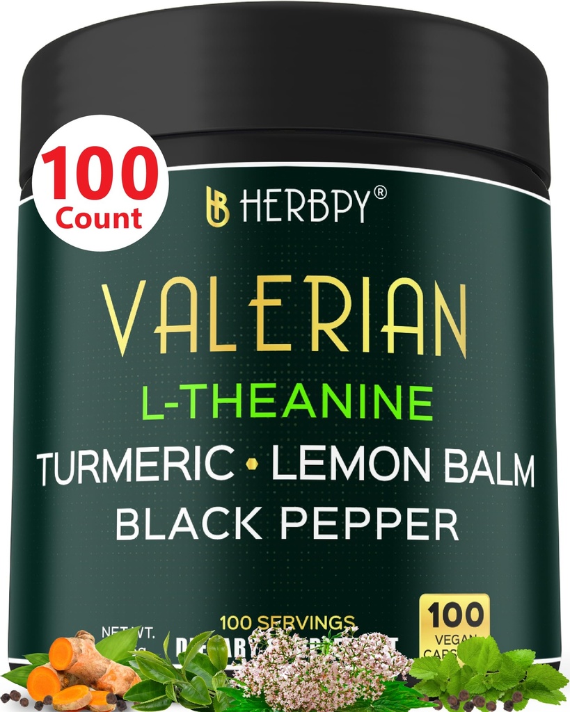 5in1 Valerian Root Capsules Plus L-Theanin, Zitronenbalsam, Kurkuma und Schwarzer Pfeffer für Entspannung, Restvolle Nacht, Verdauung & Immununterstützung - 100 Count