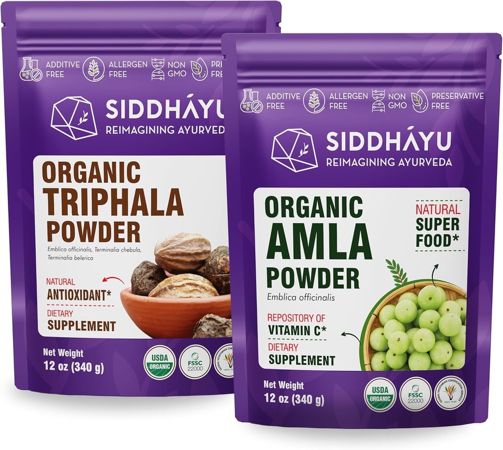 Siddhayu Bio Triphala Pulver - 12 oz & Bio Amla Kräuterergänzung Pulver - 12 oz