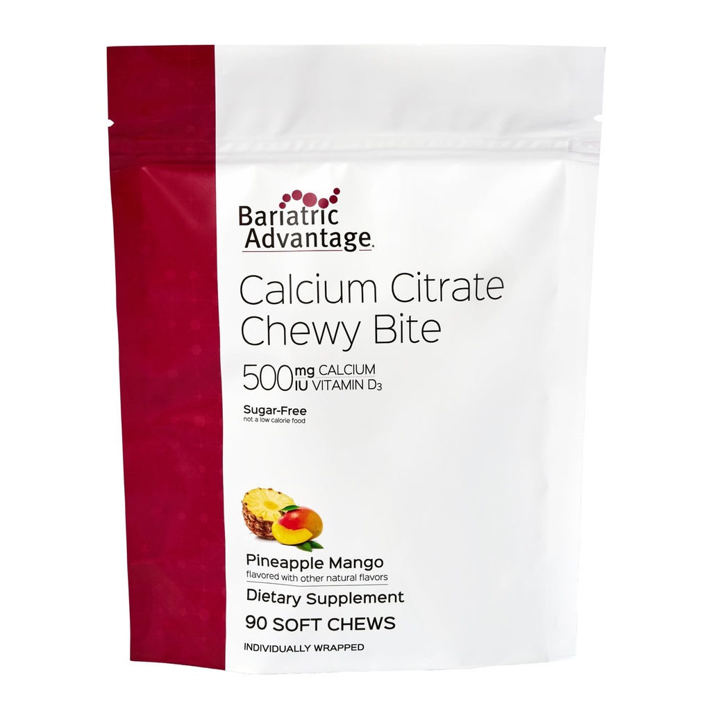 Bariatric Advantage Kalzium Zitruskerne 500 mg - Hochabsorbierbar & Digestible - Vitamin D3 - leicht Kaubare Kalziumergänzung - Ananas Mango - 90 Zähler