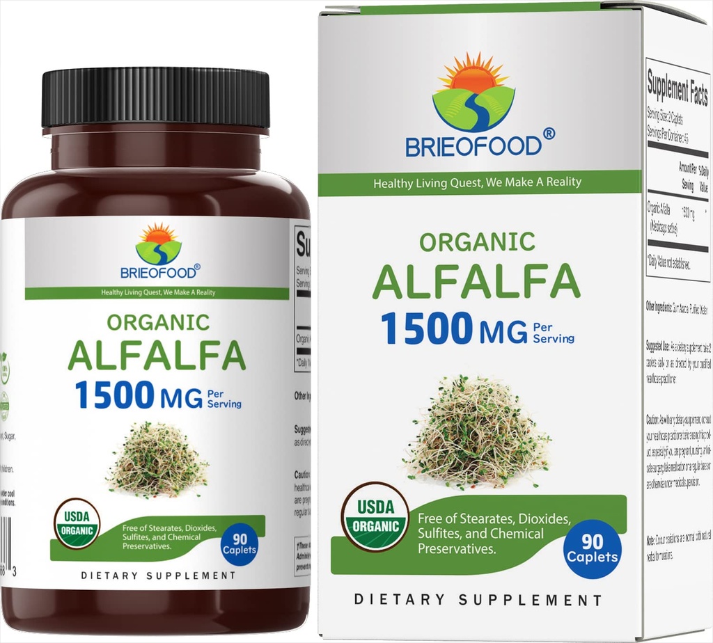 Brieofood Organic Alfalfa 1500mg, 45 Serve, Vegetariano, Senza Glutine, 90 compresse vegetariane