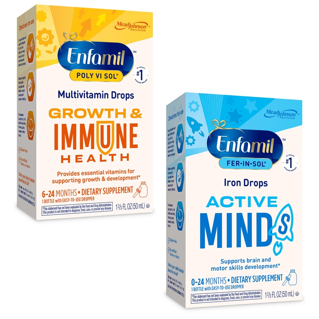 Enfamil Poly-Vi-Sol e Fer-in-Sol Iron Liquid Drop Multivitamin Supplementi per neonati e bambini, flacone Dropper 2x50 mL