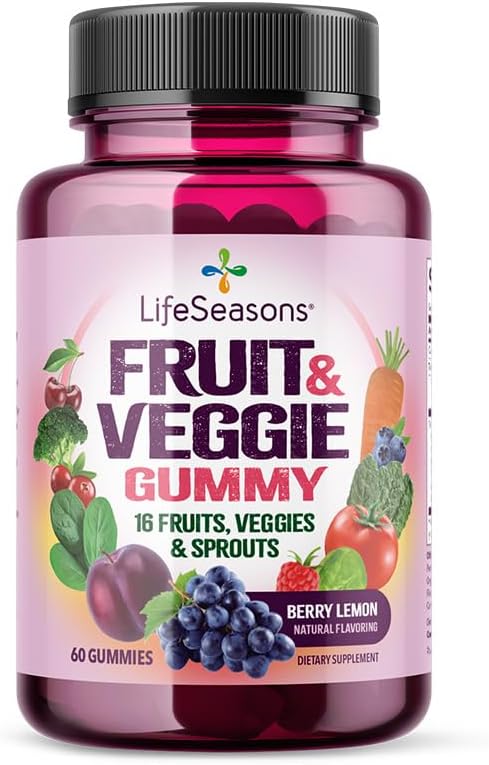 LifeSeasons Fruit & Veggie Gummy Supplement - 16 Frutta Verdura & Sprouts - Vitamine Minerali & Antiossidanti - Supporto nutrizionale per l'immunità e il benessere - 3X Più Potente - 60 Gummies