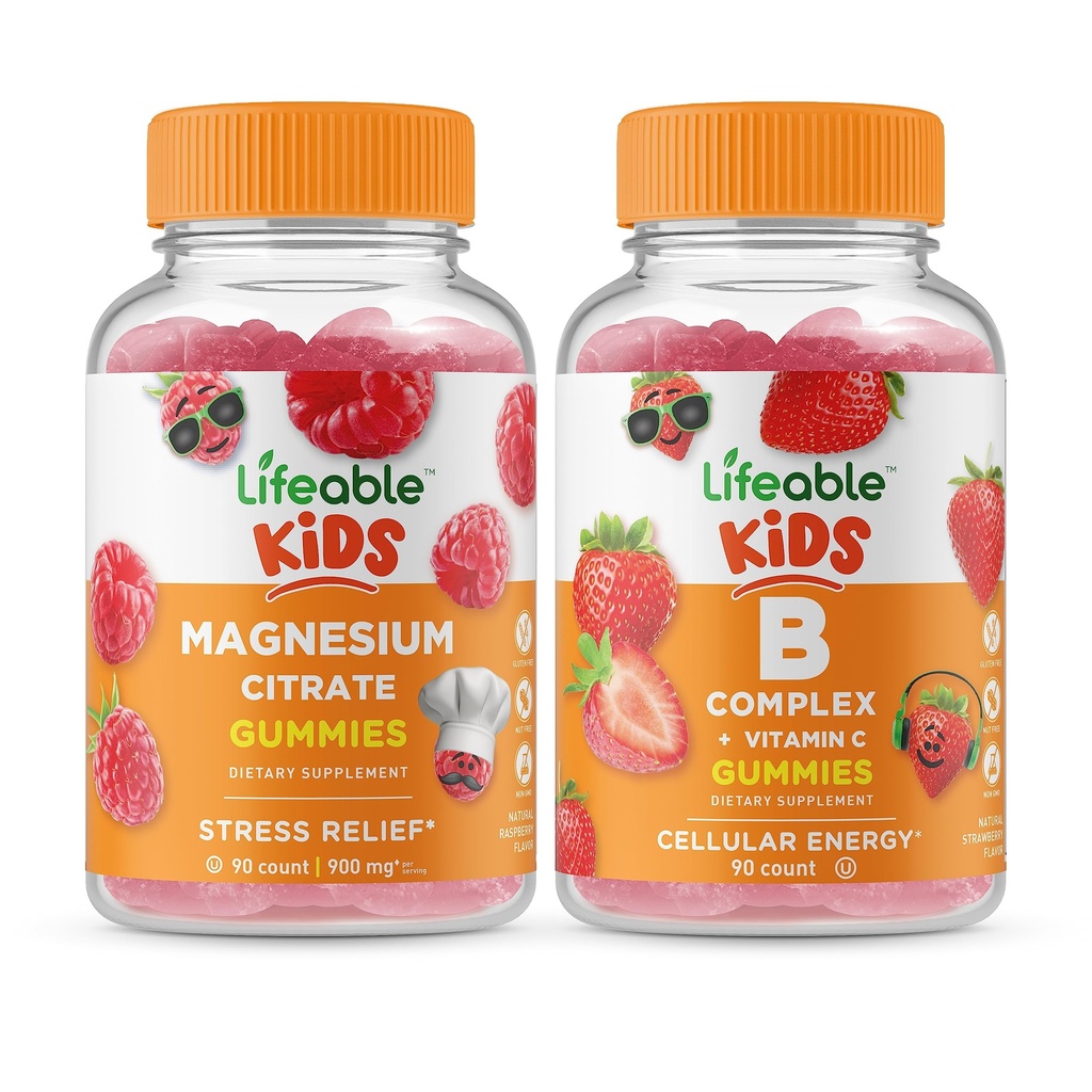 Lebensfähiges Magnesium Kids + B Complex Kids, Gummie Bundle - Große Verkostung, Vitamin-Ergänzung, Glutenfrei, GMO frei, Kaugummi