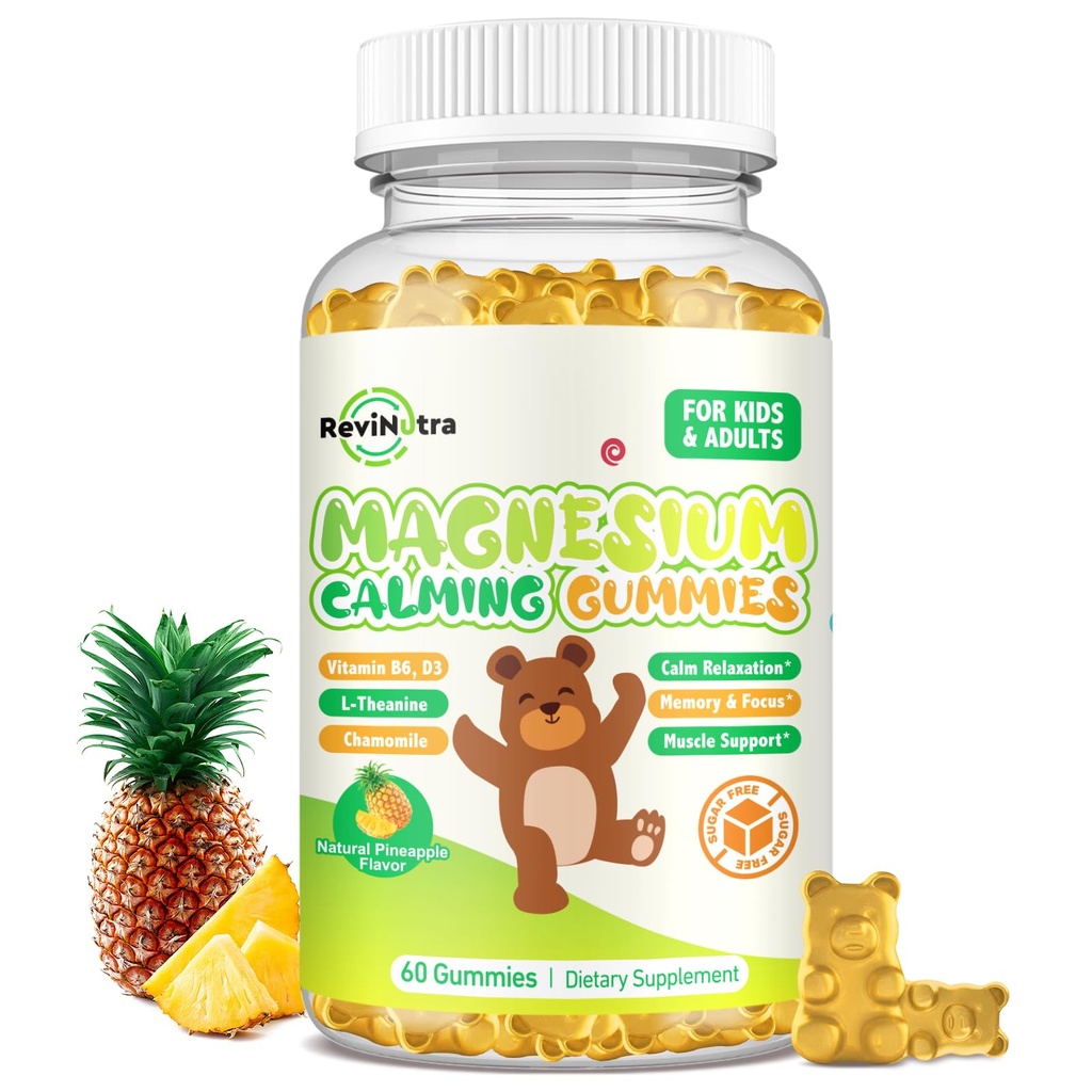 Magnesiumgummis für Kinder - Magnesium Glycinate Gummies Supplement mit L-Theanin, Vitamin B6, D3 für Erwachsene & Kinder, ruhiges Magnesium für Schlaf, Entspannung, Gehirn, Knochen,Sugar Free Ananas 60ct