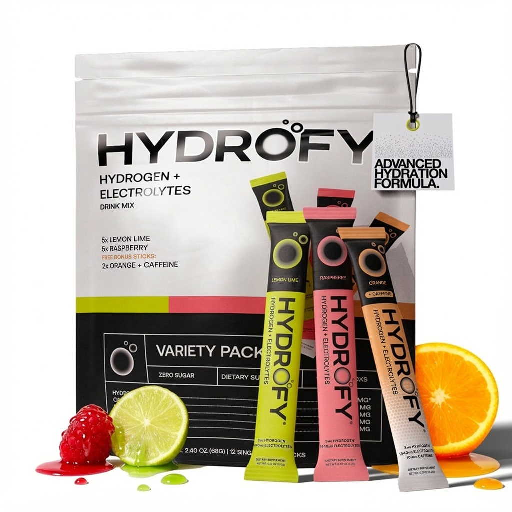 Hydrofy Hydrogen Wasser + Elektrolyte Getränk Mix - Variety Pack | H2 Hydration Packets mit molekularem Wasserstoff, Natrium, Kalium, Magnesium | Zitronenlim, Himbeer, Orange + Koffein | 12 Count