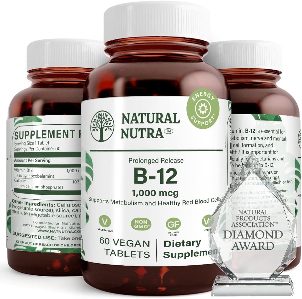 Natürliche Nutra Vitamin B12 1000 mcg, Cobalamin B 12 Supplement, Calciumphosphat, Hilfe in Stoffwechsel Gesundheit, Unterstützt Nervöses System, Optimale Absorption, Glutenfrei, Zuckerfrei, 60 Vegan Tabletten