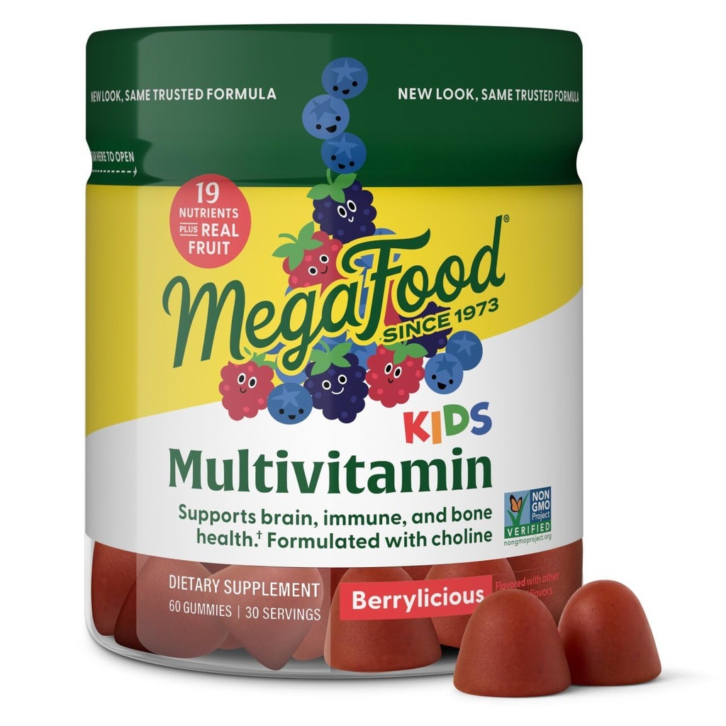 MegaFood Kids Multivitamin Gummies - Vitamine per bambini - Età 4+ con vitamina C, vitamina D, zinco, colina e frutta reale - Cervello e supporto immunitario - Gummie nutrienti - 60 Gummies (30 Serve)