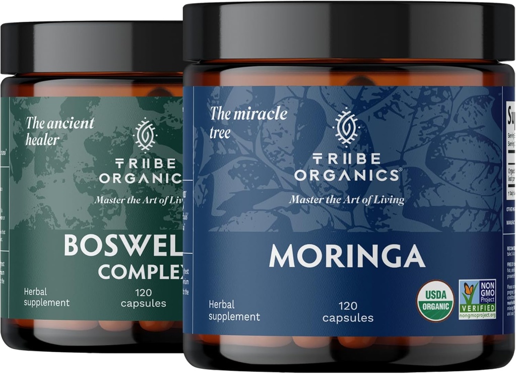 TRIBE ORGANICS Vitalité Duo - Complexe Boswellia - Moringa - pour le soutien interarmées, le soulagement musculaire, l'énergie, la perte de poids, la fonction cérébrale