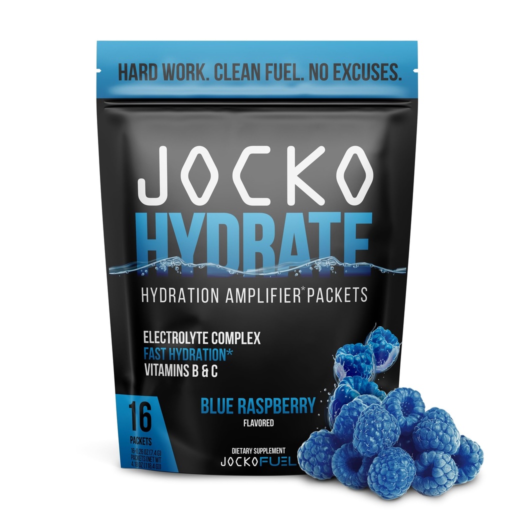 Jocko Fuel Hydrate Elektrolyte Pulver-Packets Low Sugar - Hydration Amplifier-Packets für Erholung, Dehydrierung, & Übung - mit Vitaminen B6, B12 & C (16 Packets) Blue Raspberry