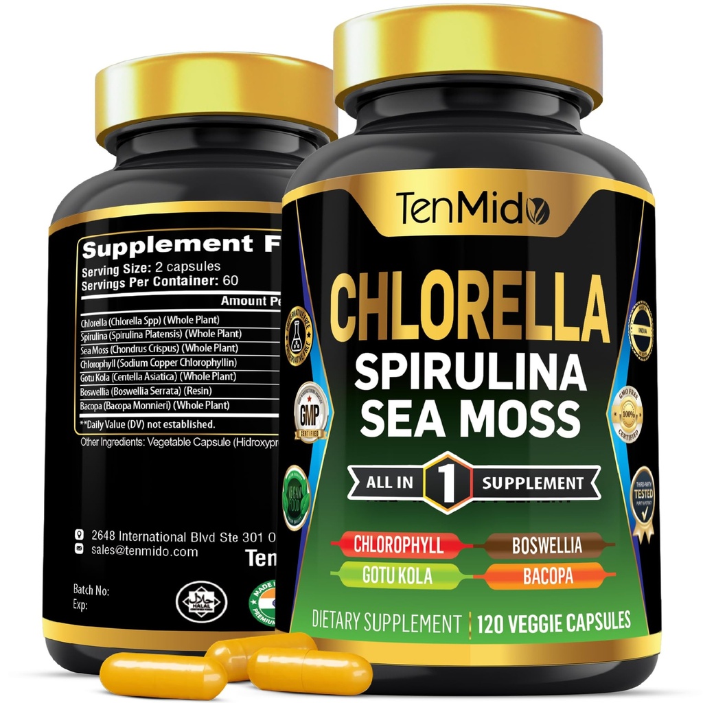 Chlorella Ergänzung für Männer und Frauen - 7in1 Formel mit Spirulina, Sea Moss, Chlorophyll, Gotu Kola, Boswellia & Bacopa - Immununterstützung - Reich an Nährstoff, Vitamine - 120 Kapseln
