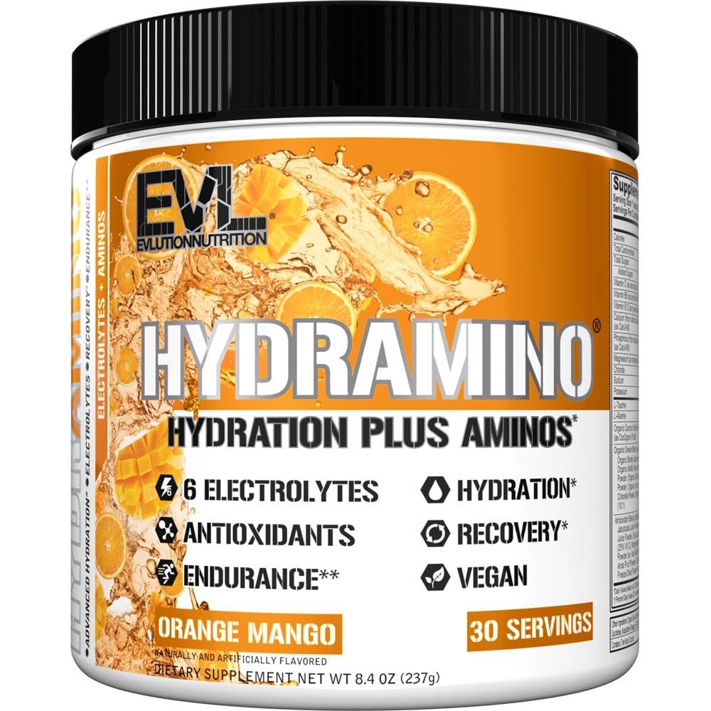 Évlution Nutrition HYDRAMINO Multiplieur d'hydratation complet, Tous les 6 électrolytes, Vitamine C & B, Fluid Boosting Aminos, Eau de coco, Endurance, Récupération, Antioxydants, 30 Servir, Mangue orange