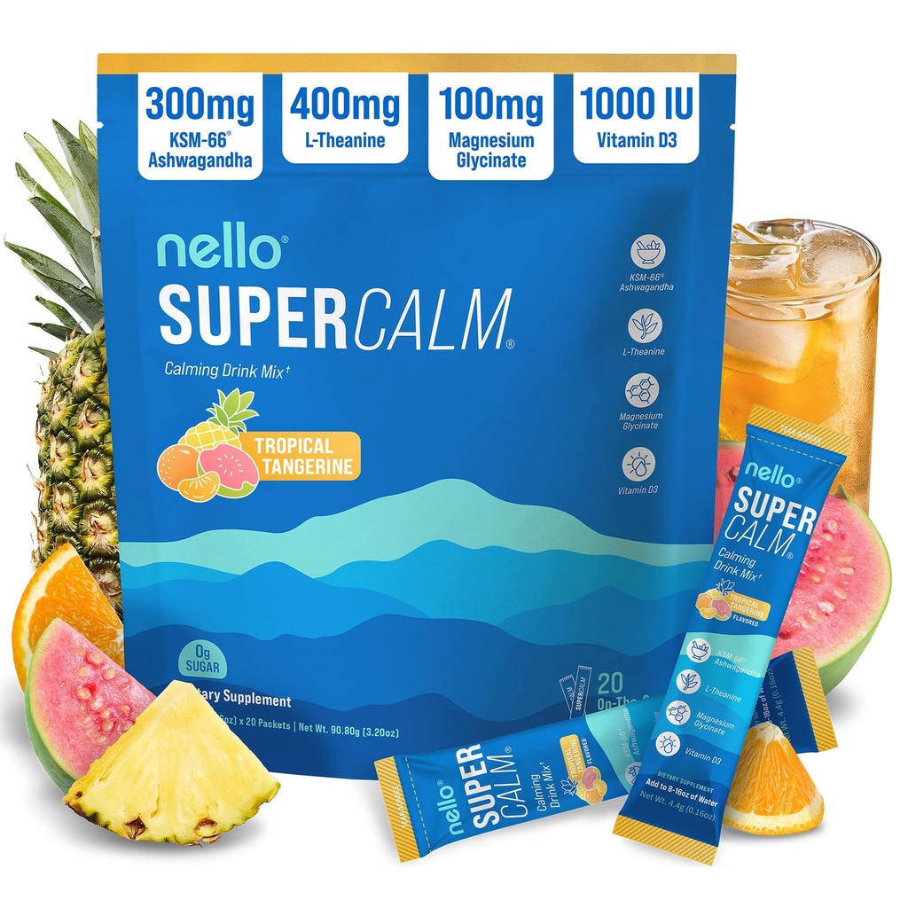 Mélange de boissons en poudre Nello Supercalm, Tangerine tropicale, L Theanine, Ksm-66 Ashwagandha, Glycinat de magnésium, Vitamine D 3, Suppléments pour la relaxation et la concentration, Naturel, Pas de sucre, Non OGM, 20 Srvg