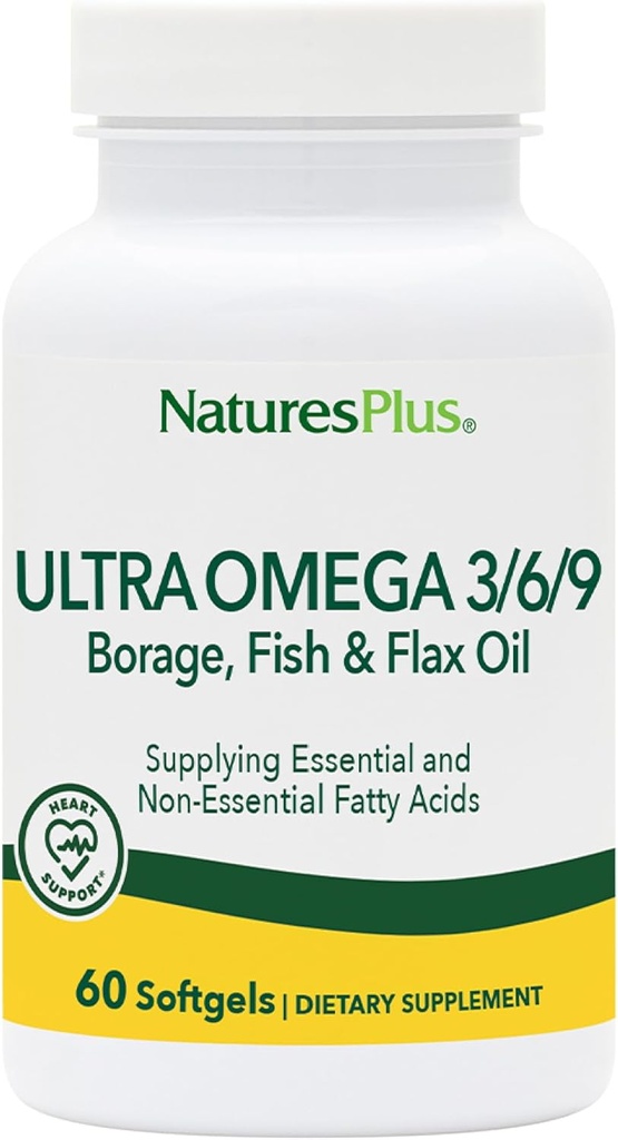 Natures Plus Ultra Omega 3 6 9-1200 mg, 60 Softgels - Huile de bore, huile de poisson, supplément d'huile de lin, sans gluten - 60 portions