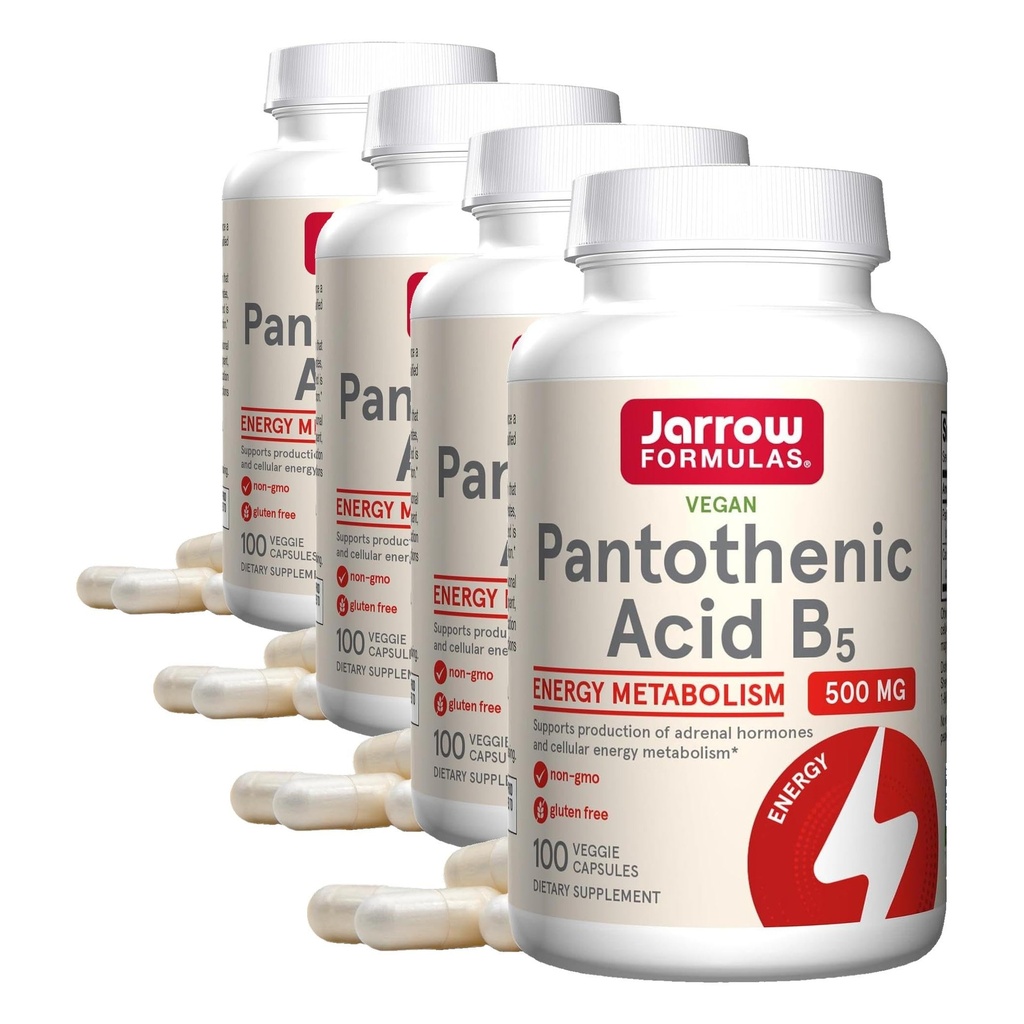 Jarrow Formeln Pantothensäure B5 500 mg - 100 Veggie Caps - Essential B Vitamin Nahrungsergänzung - Energieproduktion & Stoffwechselunterstützung - 100 Servierungen (Pack von 4)
