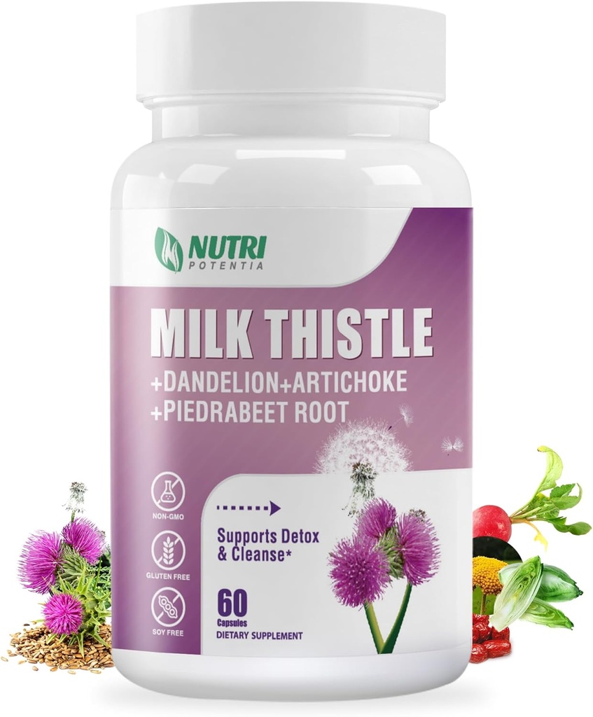 Supplément de chardon de lait avec racine de dandelion, extrait d'artichaut, 80% Silymarin pour le soutien du foie- Nettoyez le foie Detox et la formule de réparation, non-OGM - 60 capsules