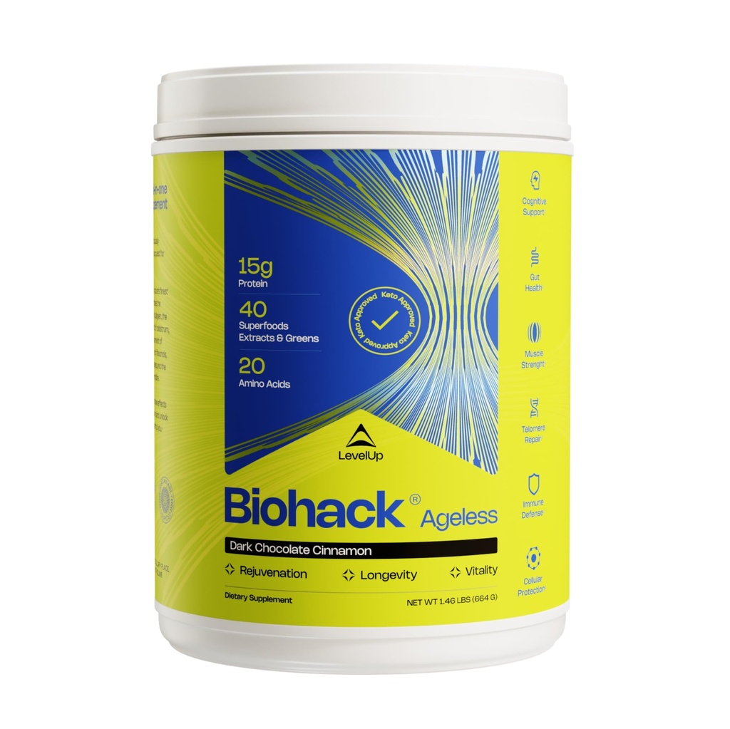 LevelUp Biohack Ageless: Colostrum Collagen Superfoods Antioxidants Spermidine Aminoacidi Creatina per le donne e gli uomini, Total Body Rejuvenation (Dark Chocolate Cinnamon)