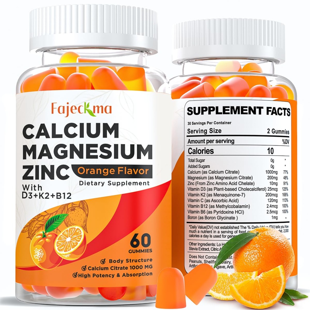 Calcium Magnesium Zink-Gummi für Erwachsene: Bio 1000mg Calcium Citrat Magnesium Supplement mit D3 B12 - Zuckerfreie Hochabsorptionsergänzung für Frauen Männer (60 Count(Pack von 2))