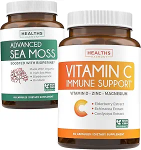 Bundle di vitamina C Supporto immunitario & Irish Sea Moss - Refresh & Revive Set - Vitamina C Supporto immunitario con zinco (60 capsule di veg) & Irish Sea Moss with BioPerine (non OGM & Organic) - 60 Caps