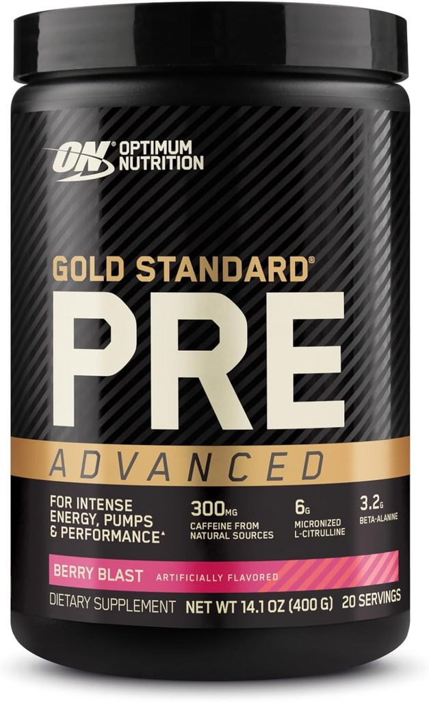 Optimum Nutrition Gold Standard Pre Workout Advanced, con Creatina, Beta-Alanina, Micronized L-Citrulline e Caffeina per l'energia, Keto Friendly, Berry Blast, 20 Serve