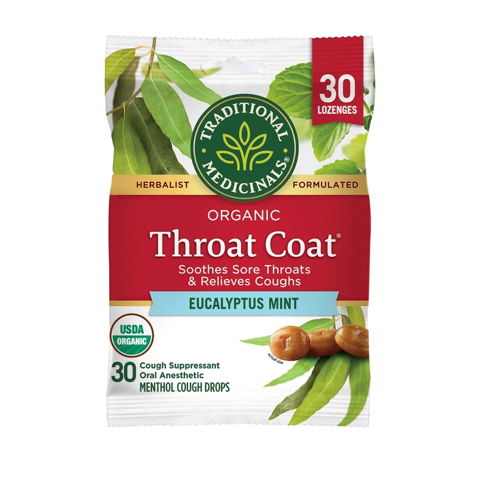 Traditionelle Medicinals Throat Coat Organic Cough Drops, Eucalyptus Mint mit Menthol, Soothes Sore Throats & Relieves Coughs, 30ct.