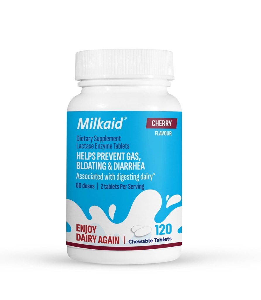 Milkaid Lactase Enzym Chewable Tablets für Lactose Intolerance Relief | Verhindert Gas, Bloating & Durchfall | Fast Acting Dairy Digestive Supplement (120 Tabletten, Kirsche)