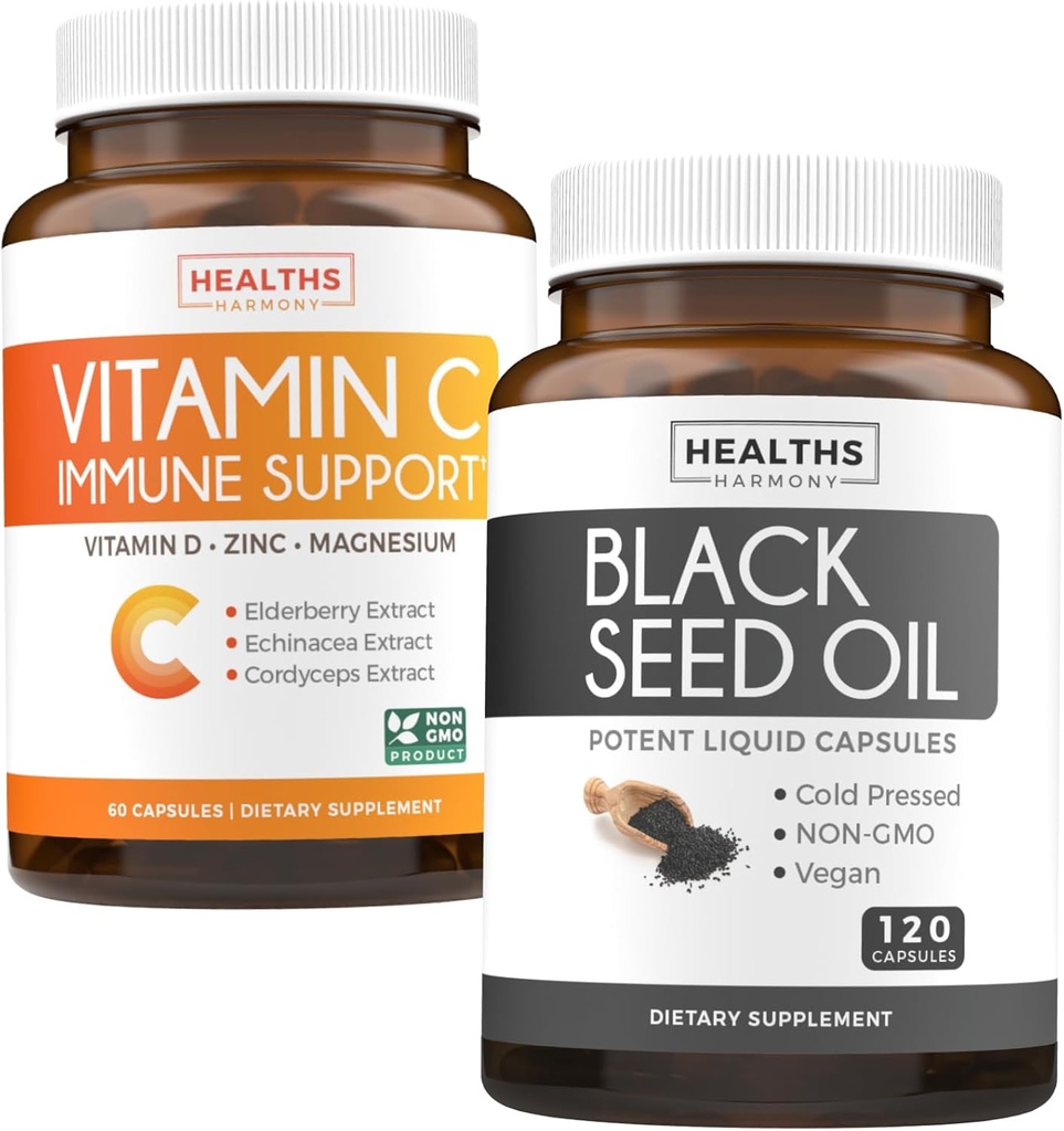 Graines noires et vitamine C (2 mois d'approvisionnement) Ensemble complet d'immunes de défense de l'huile de graines noires - Nigellia Sativa Graines de cumin pressées à froid (120 Capules) et vitamine C Soutien immunitaire (60 comprimés végétariens)