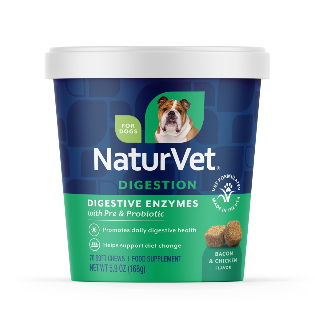 NaturVet – Enzimi digestivi - Probiotici e Prebiotici Plus – Aiuta a sostenere il cambiamento di dieta e un tratto digestivo sano – per i cani (Chews soffici, 70 Conte)