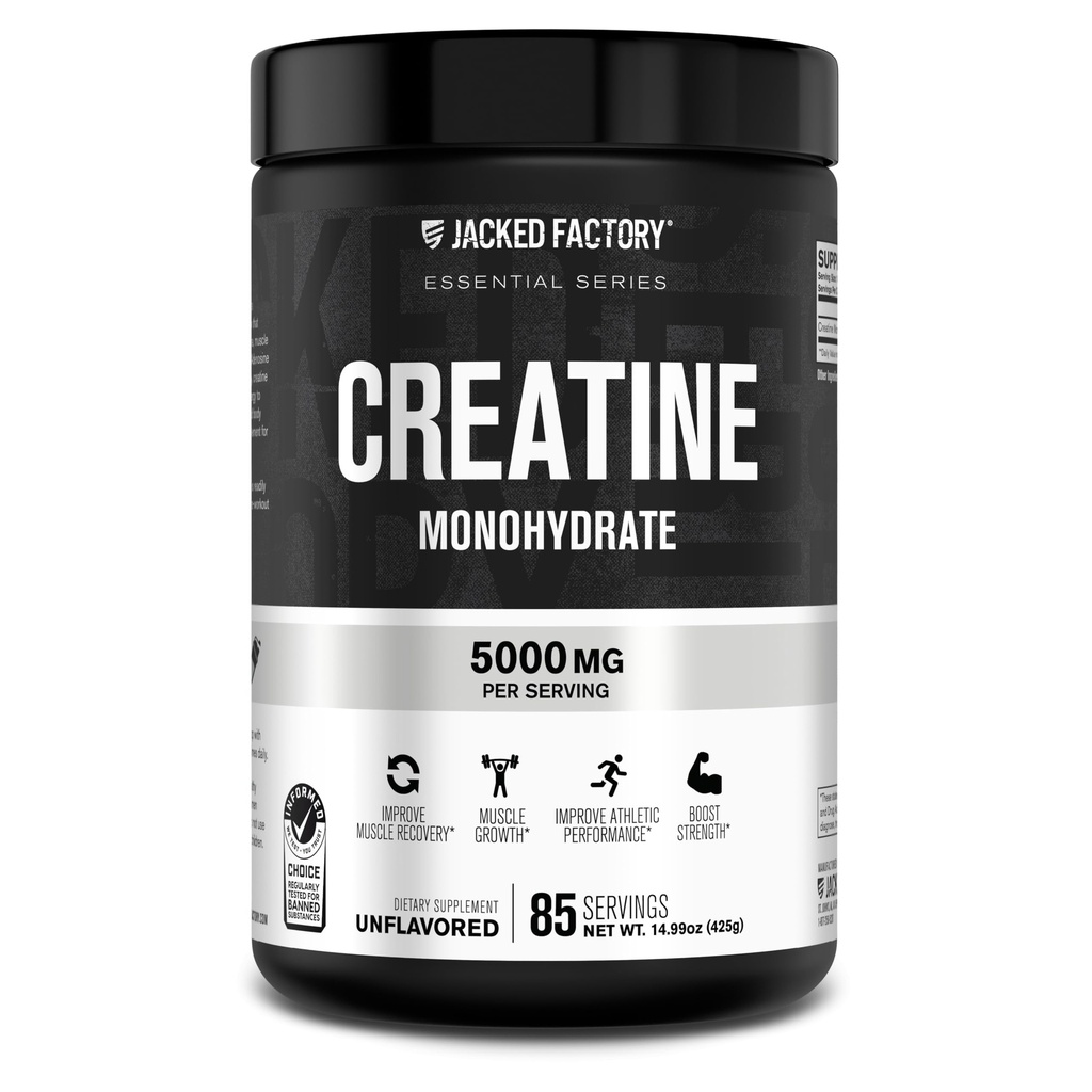 Jacked Factory Creatine Monohydrat Pulver 425g - 5g Tägliche Kreatin Ergänzung für Männer und Frauen, Vegan-Friendly, Third-Party getestet - 85 Servierungen, Unflavored