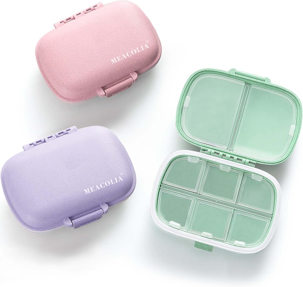 MEACOLIA 3 Pack 8 scomparti Organizzatore di Pillole da viaggio, Case Pillola Giornaliera Piccolo Box Pillola per Pocket Purse, Portable Pill Container Medicine Vitamin Organizer (Purple, Green, Pink)