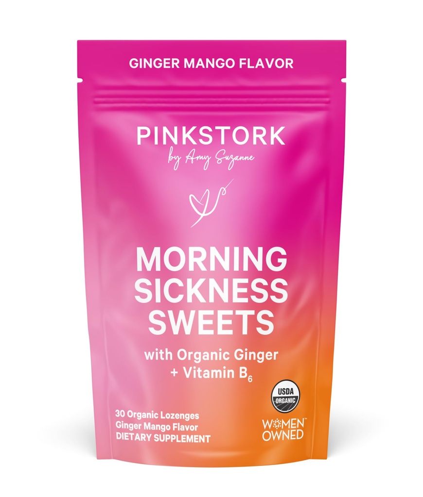Dolci al mattino della cicogna rosa, caramelle di zenzero organico Mango Ginger con vitamina B6 per la malattia del mattino, malattia di movimento, bruciore di stomaco prenatale - gravidanza deve avere - 30 gocce strappate