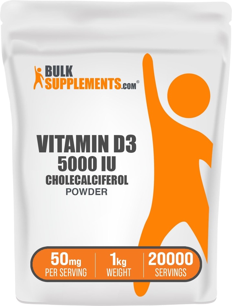 BulkSupplements.com Vitamina D3 Polvere - Cholecalciferol, integratori di vitamina D, vitamina D3 5000 IU - Gluten Free, 50mg (125mcg di vitamina D3) per porzione, 5kg (11 lbs) (Pacchetto di 5)