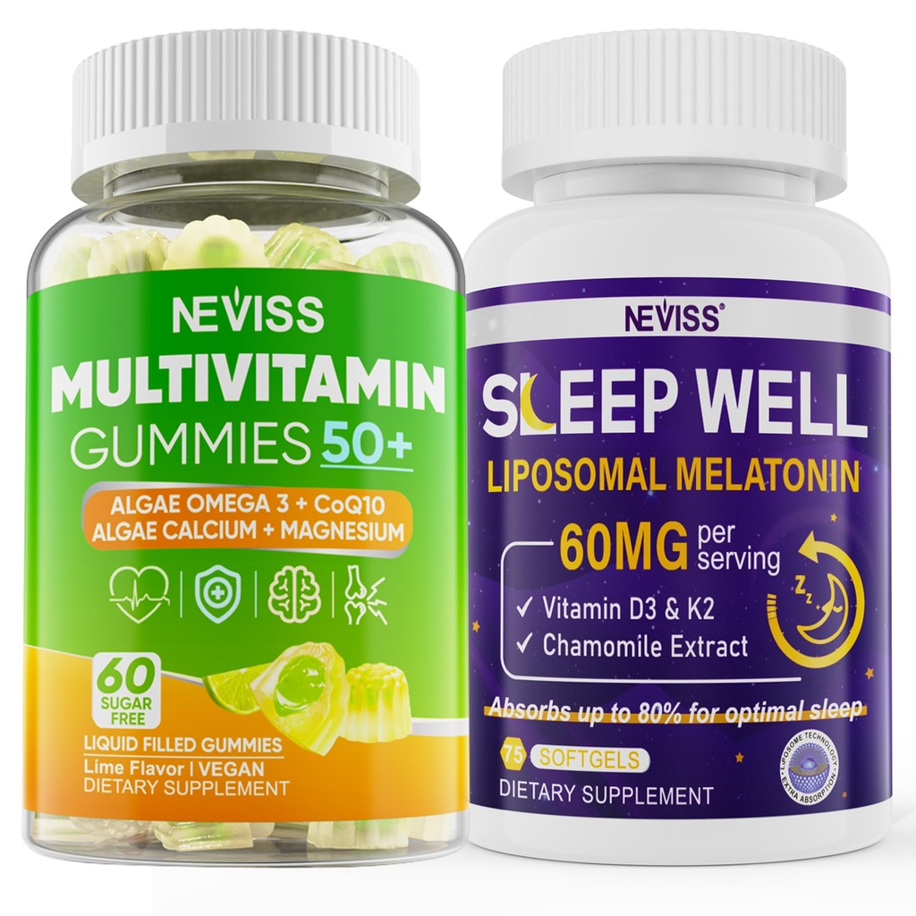 NEVISS Femmes & Hommes 50+ Multivitamine Gummy et Melatonin 60mg