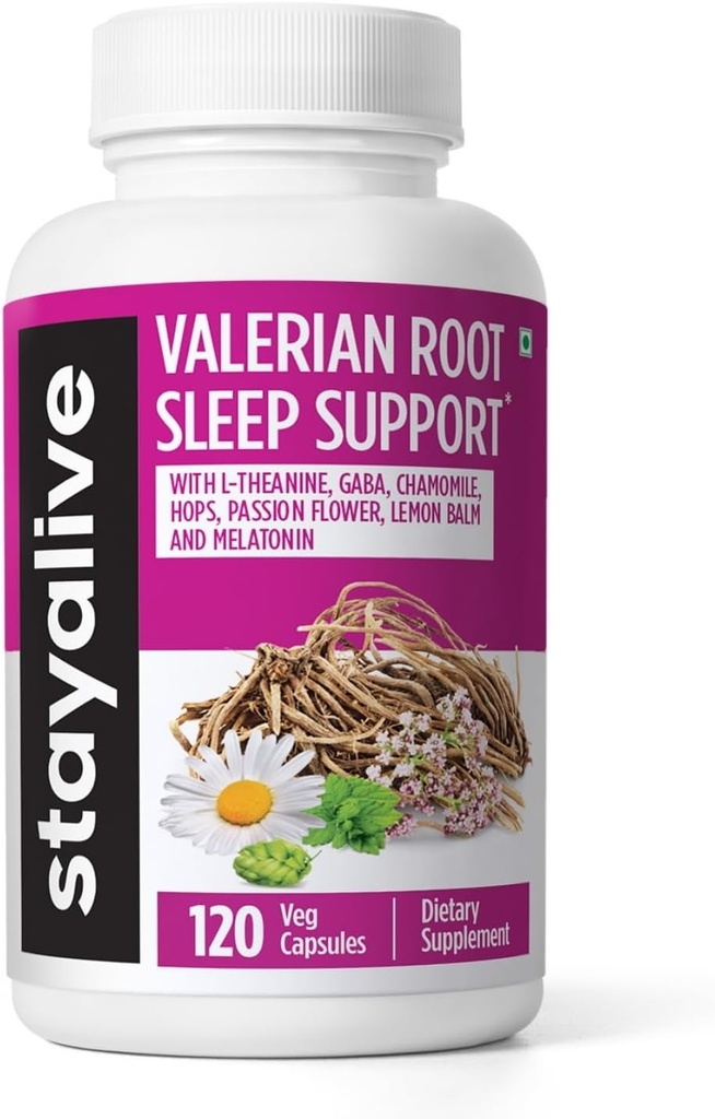 STAY ALIVE Capsules de racines valérianes, extrait 8-en-1 avec/mélatonine, fleur de passion, L-Theanine, baume de citron, fleur de houblon, camomille et GABA, 120 pilules valérianes, supplément de sommeil naturel sans OGM et sans gluten